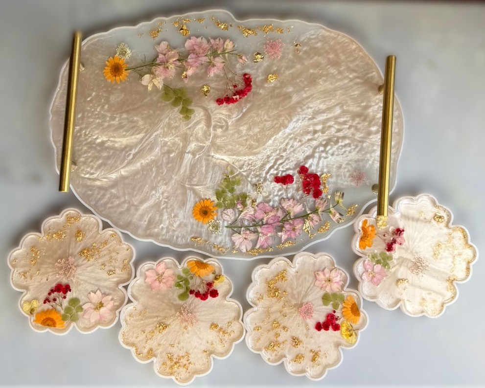 Resin serving tray and matching floral coasters